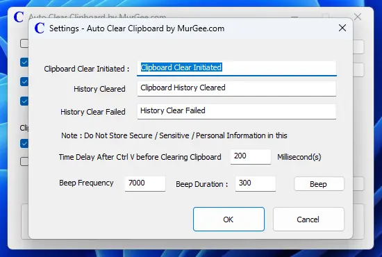 Screenshot Displaying Settings of Auto Clear Clipboard Software Utility